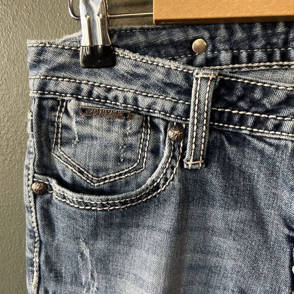 ReRock For Express Jeans Womens 4R Blue Denim Skinny Embroidered Hardware Logo - Picture 3 of 6